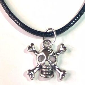 Silver Skull Head necklace black Pu leather cord , Gothic Grunge Alternative